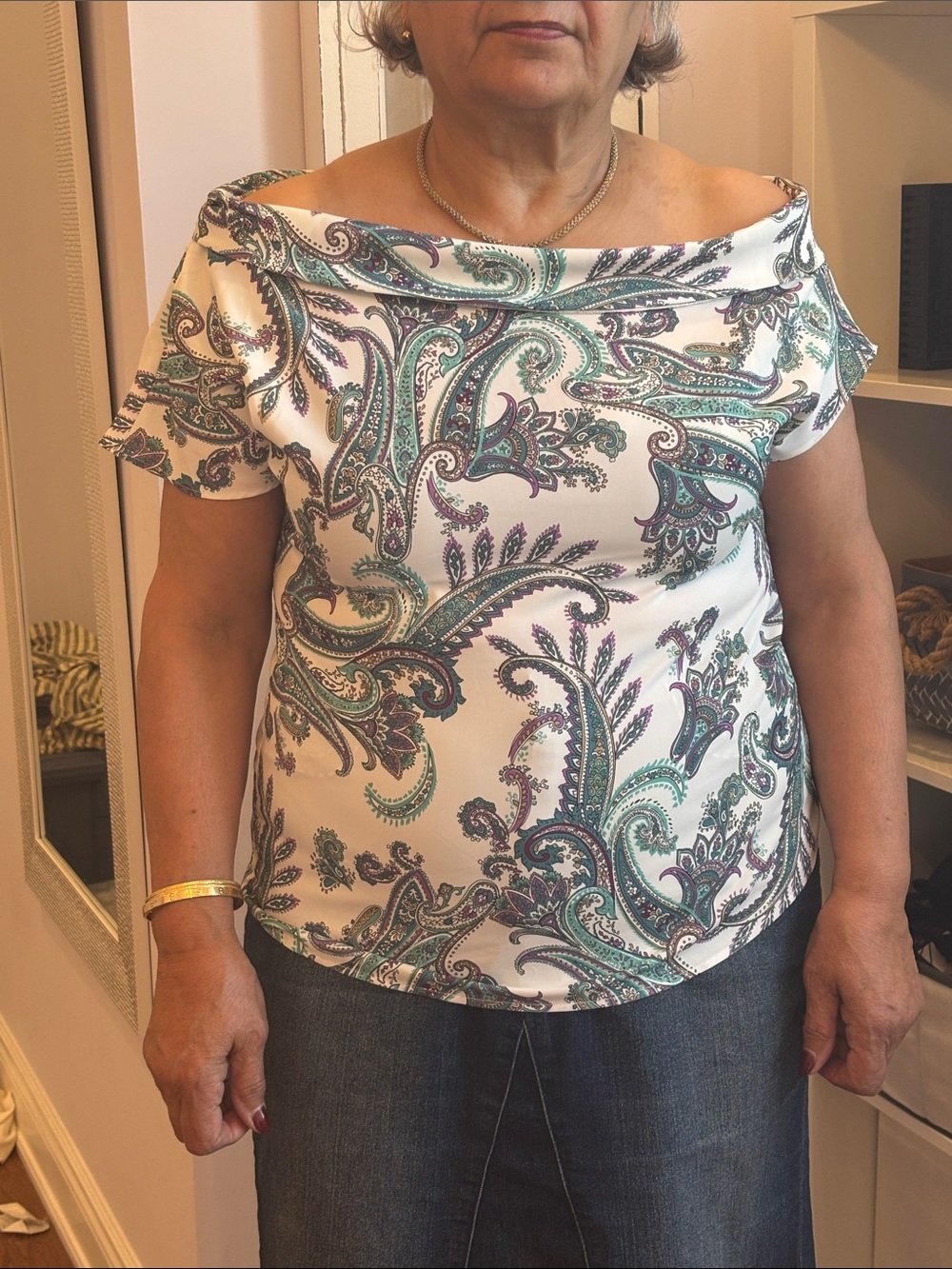 Suzy Shier Off-Shoulder Paisley Blouse in White, Teal and Purple